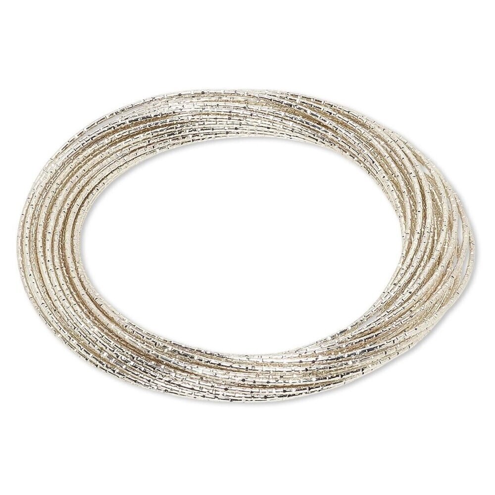 Multi Strand Silver Textured Enameled Steel Interlocking Bangle Bracelet